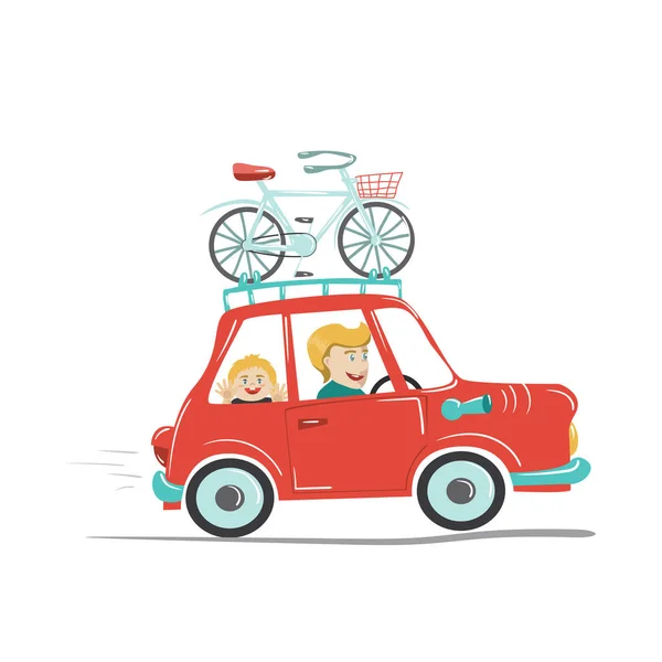 Pai e filho viajando de carro com bicicleta —  Vetores de Stock