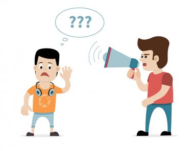Man with megaphone and hard of hearing boy. Concept for hearing loss. clipart