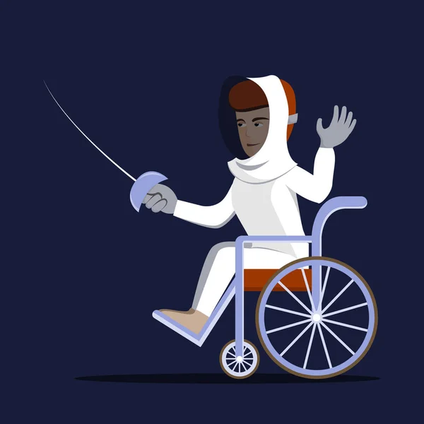 Espadachín discapacitado en silla de ruedas sosteniendo un estoque — Vector de stock