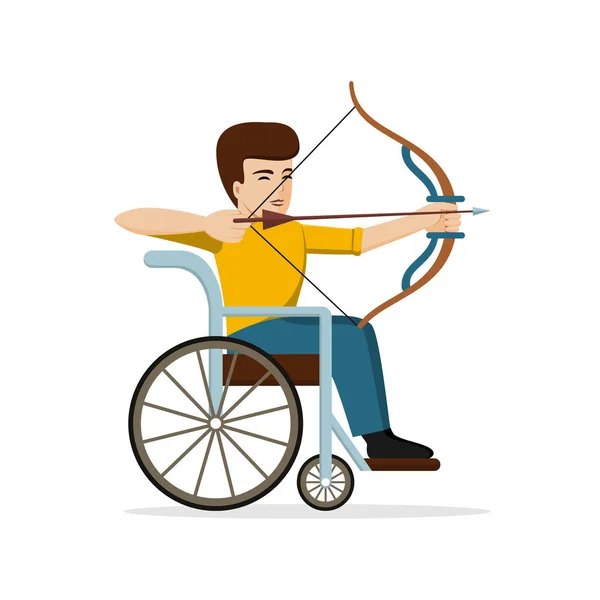 Handikappade mannen i rullstol bockning s båge. Platt design. — Stock vektor