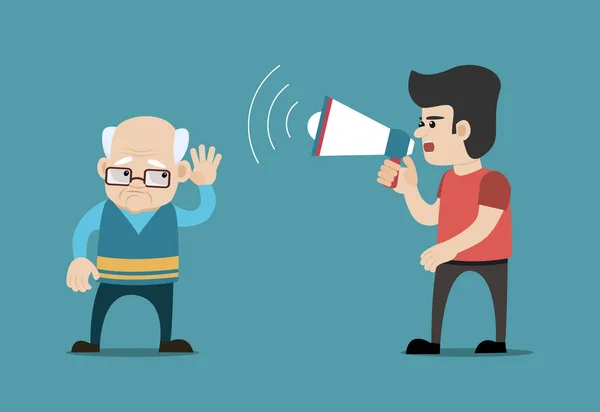 Boy with megaphone and hard of hearing old man. Concept for hearing loss. — Stock Vector