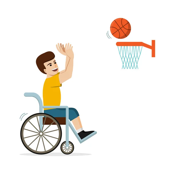 Koszykarz niepełnosprawnych na wózku inwalidzkim, rzucanie piłki — Wektor stockowy