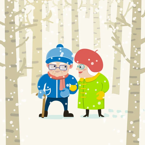 Oude echtgenoten op winter bos achtergrond. Vectorillustratie. Stripfiguren. — Stockvector