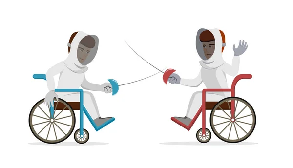Deportistas discapacitados con esgrima de rapiers en sillas de ruedas . — Vector de stock