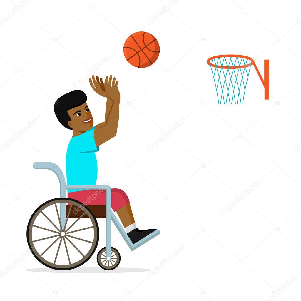 Handicapped African American basketball player in wheelchair throwing a ball