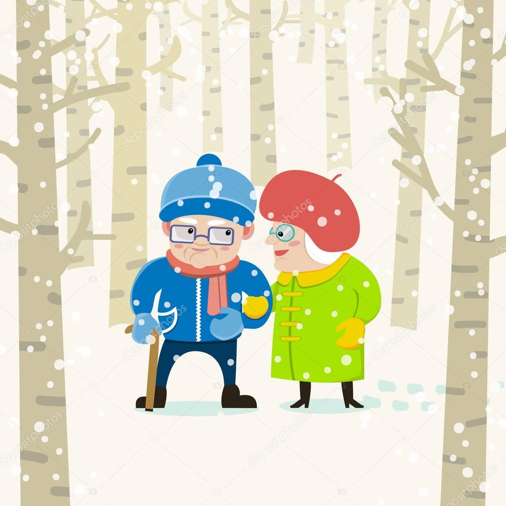 Old spouses on winter forest background. Vector illustration. Cartoon characters. 