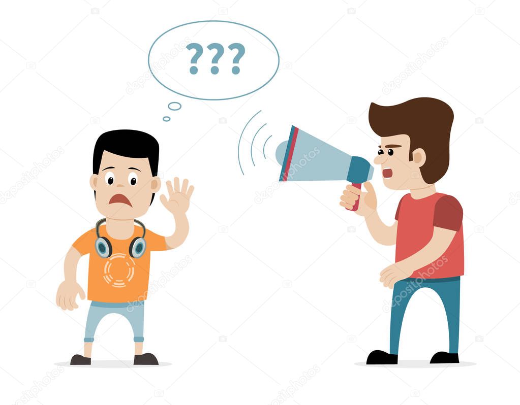 Man with megaphone and hard of hearing boy. Concept for hearing loss.