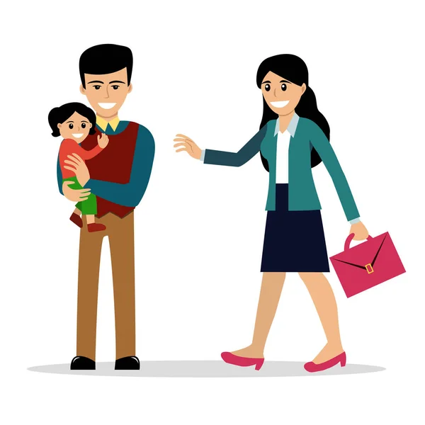 Familia del padre que se queda en casa y la madre trabajadora — Vector de stock