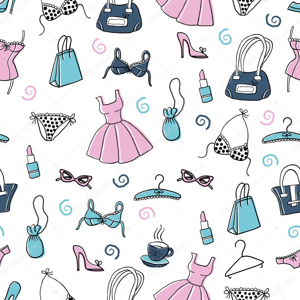 Women clothes and accessories, hand drawn doodle seamless pattern
