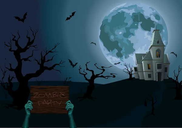 Halloween night: moon beautiful castle chateau zombie hands holding old wooden plank with text party scary trees bat rearmouse. Vector horizontal closeup side view sign illustration celebrate holiday — Stock Vector