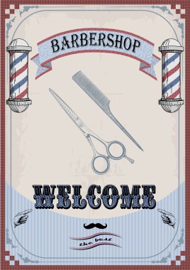 Çerçeve kenarlığı makas ve tarak shingle Kuaför, Kuaför, haircutter, vintage retro yazıt berber dükkanı için oturum açın. Vektör dikey closeup açık görmek güzel eski okul tabela berber Salonu