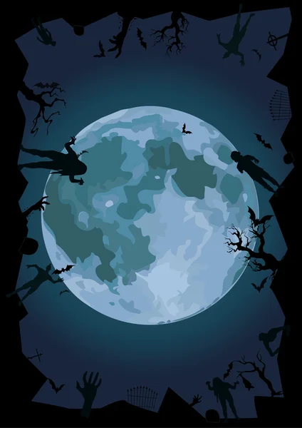 Noche de Halloween: luna llena hermoso fantasma puerta, tumbas cementerio espía zombi manos árboles murciélago rearmouse. Vector vertical primer plano vista lateral letrero diseño letrero ilustración para la celebración de vacaciones — Vector de stock