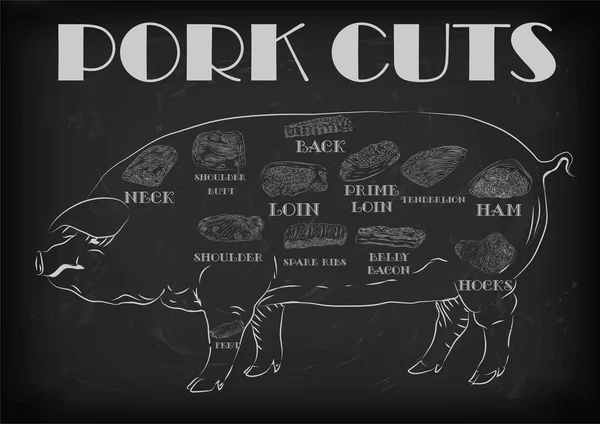 Pork pig side carcass cuts cut parts info graphics scheme sign signboard poster butchers guide back neck feet shoulder butt loin ham. Vector beautiful horizontal closeup white outline black background — Stock vektor