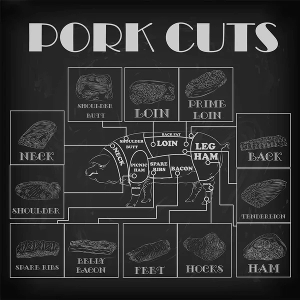 Pork pig side carcass cuts cut parts info graphics scheme sign signboard poster butchers guide back neck feet shoulder butt loin ham. Vector beautiful horizontal closeup white outline black background — Stock vektor