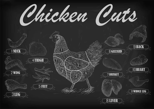 Kyllinghøner som kutter kjøttplanen deler kadavre-halsfilet i lårbenet. Illustrasjon av vektorens horisontale nærbilde - grafikk - hvit omriss - svart kalkbrettbakgrunn – stockvektor