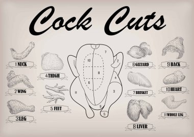Cock cockerel rooster cutting meat scheme parts carcass brisket  clipart