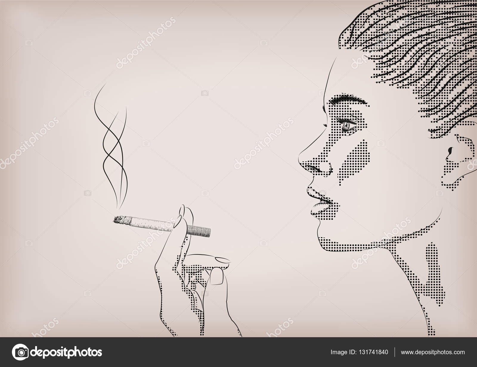 Woman Female Girl Lady Person Smoke Smoking Cigarette Tobacco Hand Model Face Profile Vector Horizontal Beautiful Bad Habit Area Sign Signboard Close Up Side View Illustration Beige Background Stock Vector C Bugege