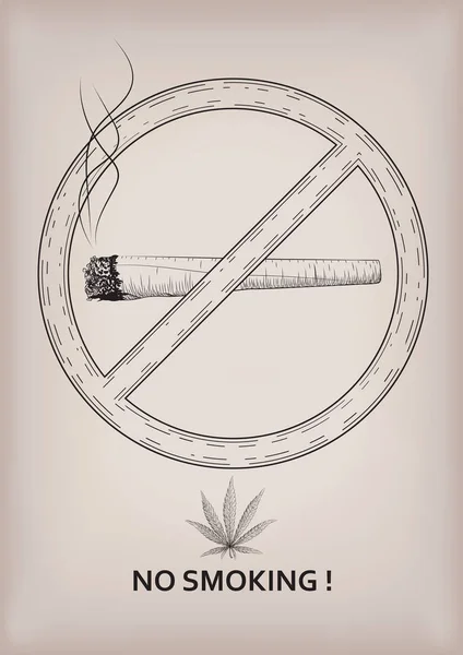 Nincs nemdohányzó hely jel jelzőtábla tilalom füst cannabis marihuána weed levél hengerelt dohányzás. Gyönyörű közeli oldalán nézet jel fekete körvonal vonal design készült illusztráció bézs háttér vektor — Stock Vector
