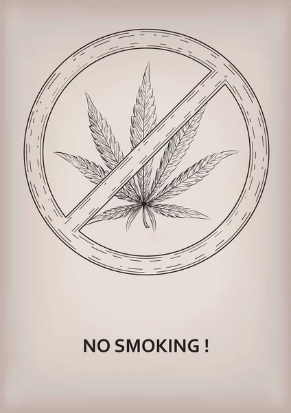 Geen rookvrije plaats teken bord verbod rook cannabis onkruid marihuanablad rolde het roken van sigaretten. Vector mooie close-up kant weergave teken zwarte omtrek lijn ontwerp getrokken illustratie beige achtergrond — Stockvector