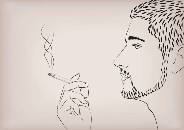 남자 남성 사람 연기 담배 담배 담배 손으로 모델 얼굴 프로필. 벡터 가로 아름 다운 나쁜 습관 라인 아트 현대적인 디자인 사인 간판 근접 측면 보기 그림 베이지색 배경 — 스톡 벡터
