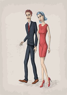 Vektör vintage Sevgililer renk illüstrasyon kırmızı elbiseli güzel kadınla aşk genç erkeklerde çiftin