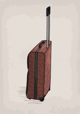 Şık tasarım line doğrusal çizim seyahat kahverengi renk valiz tekerlekler retro tasarım seyahat çantası. Vektör closeup Meydanı güzel moda trendy hat sanat illüstrasyon işareti görüntülemek izole bej arka plan