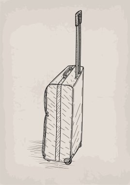 Şık tasarım line doğrusal çizim seyahat valiz jantlar tekerlekler retro tasarım seyahat çantası. Vektör closeup Meydanı güzel moda trendy hat sanat illüstrasyon işareti görüntülemek izole bej arka plan