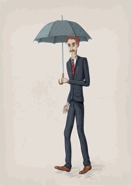 Vektör çizgi çizim genç iş adamları yürümek ve elinde bir şemsiyeyi tut