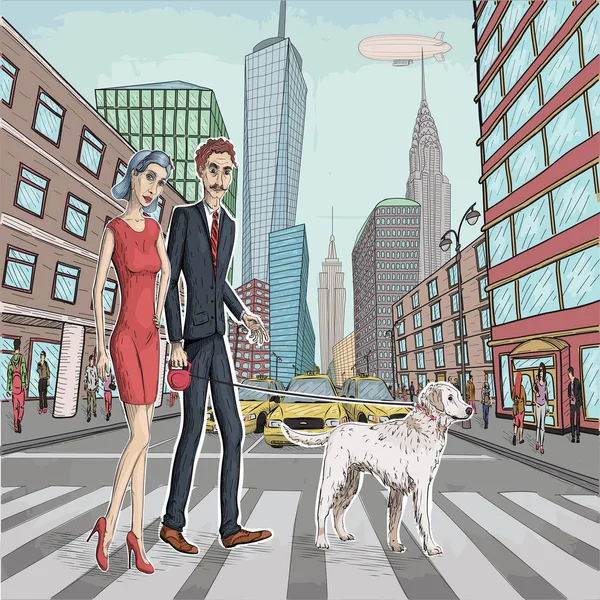 Ilustración vectorial de hermosa mujer chica y hombres de negocios pareja enamorada paseando con perro blanco labrador mascota en la calle de la ciudad de Nueva York — Vector de stock