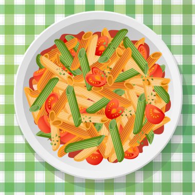 Makarna makarna renkli yeşil kırmızı penne salata: domates kekik sosu. İzole plaka beyaz arka plan üzerinde hizmet vektör kare closeup üstten görünüm illüstrasyon lezzetli taze İtalyan geleneksel yemek.
