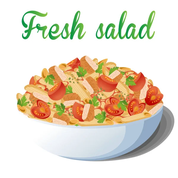 Nudeln Makkaroni Penne Salat mit gebratenem Huhn, Tomaten, Petersilienblättern, Oregano und roter Sauce auf dem Teller. Vektor Farbe Nahaufnahme Draufsicht Illustration von leckeren frischen italienischen auf weißem Hintergrund. — Stockvektor