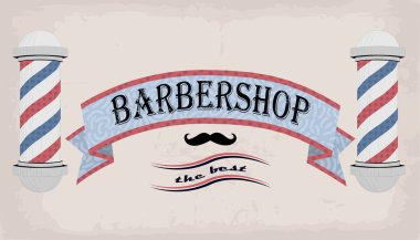Afiş logo işareti tabela fasya veya shingle Kuaför, Kuaför, haircutter, vintage retro yazıt berber dükkanı. Vektör dikey closeup açık görmek güzel eski okul tabela berber Salonu