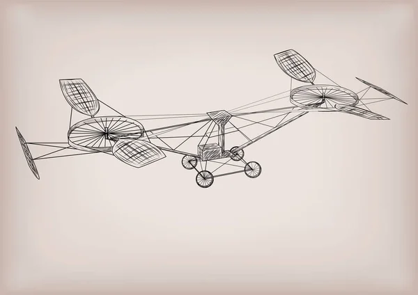 O primeiro desenho gráfico de construção de avião de helicóptero em contorno de linha preta. Vector close-up ilustração detalhada esboço linear de voo antigo vintage retro transporte aéreo — Vetor de Stock