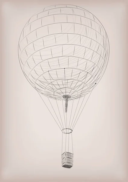 Flying air balloon. Vector beautiful vertical closeup side view vintage styled linear illustration isolated on beige background drawn in black line. — Stock Vector