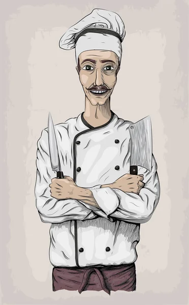 Młody mężczyzna mężczyźni gotować kucharz kuchenka szef robotnik szczęśliwy uśmiech krzyż broń, noże, nóż na pierś portret. Wektor szczegół pionowy piękny kolor liniowy ilustracja na białym tle — Wektor stockowy