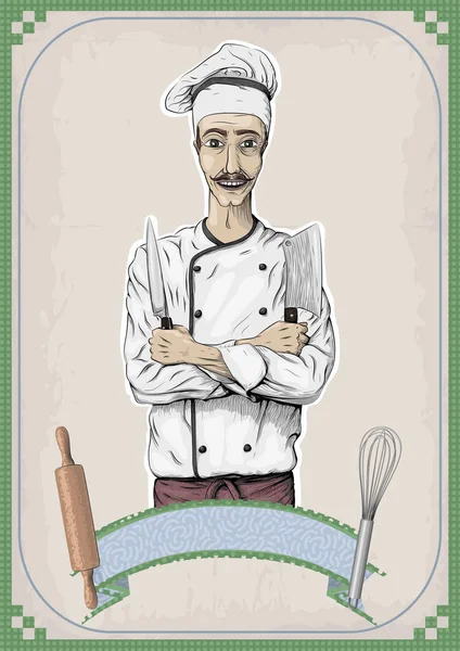 Uomini uomo giovane cuoco cuoco cuoco capo cuoco felice sorriso braccia incrociate con coltelli, coltello sul petto ritratto. primo piano verticale bel colore lineare illustrazione ristorante caffè poster segno — Vettoriale Stock