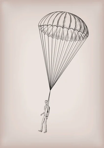 Parachute chute brolly of beschermengel met mannen persoon vliegen, vliegen. Vector close-up vintage old school illustratie hand getrokken in zwarte lijn — Stockvector