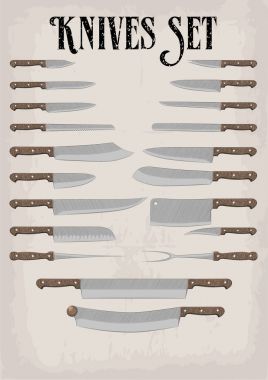 Mutfak aletleri, mutfak eşyaları, ekipman ware set: domates, sebze et çatalı Soyma bıçakları şefin bıçak. Vektör sınır boyut, beyaz arka plan üzerinde iyi dikey üst görünüm. Elle çizilmiş renk inear