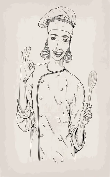 Dama dziewczynka młody osoba kucharz kucharz kuchenka szef robotnik szczęśliwy uśmiech Pokaż porządku rękę i przytrzymaj portret szpatułki. Wektor zbliżenie pionowy piękny czarny liniowe ilustracja na białym tle — Wektor stockowy