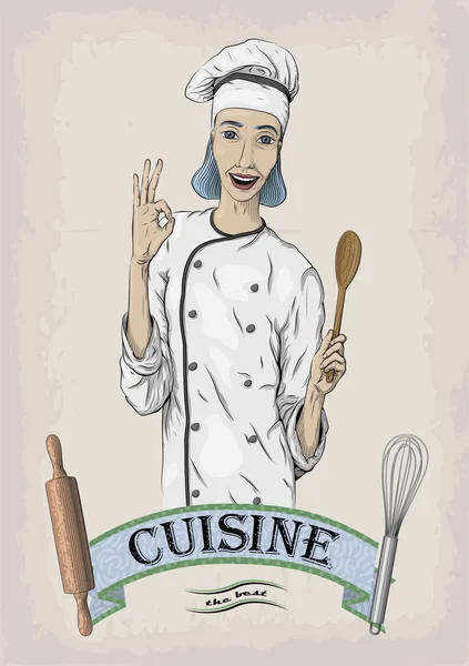 De Kaukasische jonge vrouw koken chef-kok werknemer in chef's jasje, cap met happy glimlach portret. Close-up verticale mooie kleurrijke zwarte lineaire vectorillustratie geïsoleerd beige achtergrond met inscriptie — Stockvector