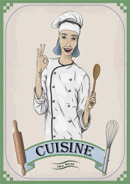 De Kaukasische jonge vrouw koken chef-kok werknemer in chef's jasje, cap met happy glimlach portret. Close-up verticale mooie kleurrijke zwarte lineaire vectorillustratie geïsoleerd beige achtergrond met inscriptie — Stockvector