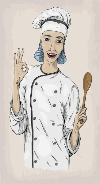 Kaukaski młody kucharz kucharz pracownika w marynarka i czapka z portret szczęśliwy uśmiech szefa. Wektor zbliżenie pionowe piękne kolorowe i czarne liniowe ilustracja na białym tle beżowym tle — Wektor stockowy
