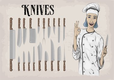 Mutfak mutfak eşyaları ekipman ware küme araçları: bıçak şefin bıçak peeling; kadın Şef Ocak çalışan mutlu gülümseme portre. Güzel vektör yatay closeup illüstrasyon işareti bilgi grafik doğrusal renk