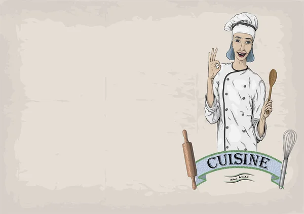 Mujer caucásica joven cocinero trabajador en chaqueta de chef, gorra con retrato sonrisa feliz. Vector primer plano vertical hermoso colorido negro lineal ilustración aislado fondo beige con inscripción — Archivo Imágenes Vectoriales