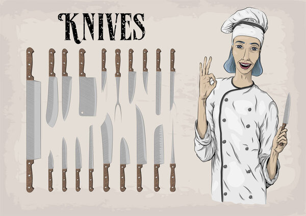 Kitchen tools utensils equipment ware set: knives chef's knife peeling; woman chief cooker worker happy smile portrait. Vector beautiful horizontal closeup illustration sign info graphics color linear
