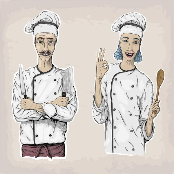 Vrouw en mannen Kaukasische cook chef-kok werknemer in chef's jasje cap wi — Stockvector