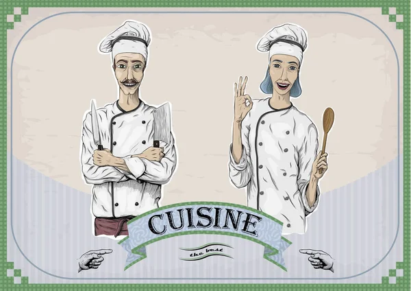 Mujer y hombres cocinero caucásico trabajador del chef, gorra de la chaqueta del chef con retrato sonrisa feliz. Vector primer plano horizontal hermoso colorido negro ilustración lineal aislado fondo beige con inscripción — Vector de stock