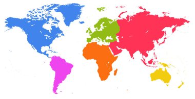 Vektör parlak benzer dünya haritası üzerinde izole beyaz arka plan. Renkli kırmızı, mavi, yeşil DünyaHarita şablon, Web sitesi tasarımı kapak, yıllık raporlar, infographics. Düz, dünya grafik harita illüstrasyon.