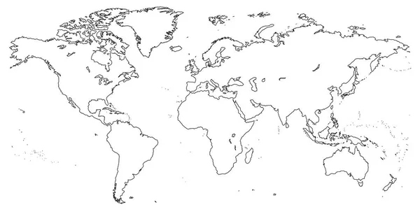 Vector leeg overzicht, lineaire, lijn circuit, contour zwarte vergelijkbare wereld kaart geïsoleerd witte achtergrond. Monochroom wereldkaart sjabloon website ontwerp cover infographics. Platte aarde kaart illustratie. — Stockvector