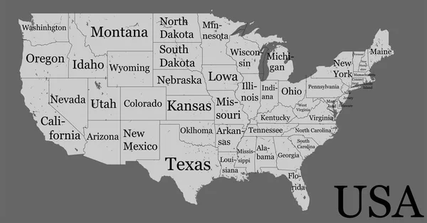 Blank similar mapa detalhado EUA alta isolado em fundo cinza. Estados Unidos da América país com nomes de estado inscrições. Infográficos de modelo vetorial. Gráficos close-up ilustração . —  Vetores de Stock